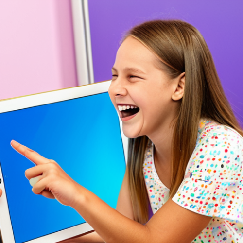 Home 23 **
A speech therapist (orthophoniste) smiling and pointing to a tablet screen showing an engaging language game for a child. The child is laughing and interacting with the app. Bright, colorful background. Focus on the joy of learning and the modern technology.
**