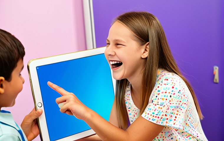 **
A speech therapist (orthophoniste) smiling and pointing to a tablet screen showing an engaging language game for a child. The child is laughing and interacting with the app. Bright, colorful background. Focus on the joy of learning and the modern technology.
**