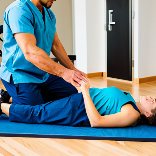 Home 22 A professional physical therapist, in clean medical scrubs, gently guides a person, fully clothed in modest athletic wear, through a controlled, functional rehabilitation exercise on a therapy mat in a brightly lit, modern physical therapy clinic. The scene emphasizes rebuilding strength and mobility, with focused attention and proper form. Professional photography, high quality, perfect anatomy, correct proportions, well-formed hands, proper finger count, natural body proportions, fully clothed, appropriate attire, safe for work, appropriate content, professional.