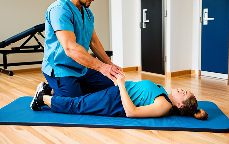 A professional physical therapist, in clean medical scrubs, gently guides a person, fully clothed in modest athletic wear, through a controlled, functional rehabilitation exercise on a therapy mat in a brightly lit, modern physical therapy clinic. The scene emphasizes rebuilding strength and mobility, with focused attention and proper form. Professional photography, high quality, perfect anatomy, correct proportions, well-formed hands, proper finger count, natural body proportions, fully clothed, appropriate attire, safe for work, appropriate content, professional.