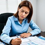 A thoughtful adult individual, fully clothed in professional, modest attire, sitting at a clean desk in a modern French-style home office, surrounded by stacks of medical invoices and official healthcare documents. The person holds a bill with a slight look of contemplation, perhaps pointing to numbers. A calculator is visible nearby. The scene conveys the complexity of navigating healthcare costs in France, highlighting themes of financial transparency and the challenge of understanding billing. Perfect anatomy, correct proportions, natural pose, well-formed hands, proper finger count, natural body proportions, safe for work, appropriate content, fully clothed, family-friendly, professional photography, high quality.