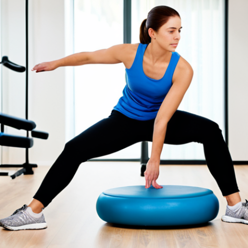 Home 9 **Prompt 1: Early Rehabilitation Focus**
A focused individual performing a gentle ankle rehabilitation exercise. The person is standing on one leg, carefully balancing on a soft, unstable balance cushion, with the other foot lightly resting on the floor for support. They are dressed in comfortable, modest athletic wear, including sweatpants and a t-shirt. The setting is a clean, well-lit modern physiotherapy clinic with natural light, featuring subtle rehabilitation equipment in the blurred background. The atmosphere is calm and concentrated. Professional photography, realistic, highly detailed, perfect anatomy, correct proportions, natural pose, well-formed hands, proper finger count, natural body proportions, safe for work, appropriate content, fully clothed, modest, family-friendly.