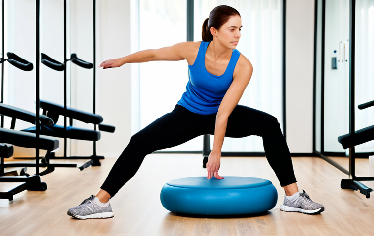 **Prompt 1: Early Rehabilitation Focus**
A focused individual performing a gentle ankle rehabilitation exercise. The person is standing on one leg, carefully balancing on a soft, unstable balance cushion, with the other foot lightly resting on the floor for support. They are dressed in comfortable, modest athletic wear, including sweatpants and a t-shirt. The setting is a clean, well-lit modern physiotherapy clinic with natural light, featuring subtle rehabilitation equipment in the blurred background. The atmosphere is calm and concentrated. Professional photography, realistic, highly detailed, perfect anatomy, correct proportions, natural pose, well-formed hands, proper finger count, natural body proportions, safe for work, appropriate content, fully clothed, modest, family-friendly.
