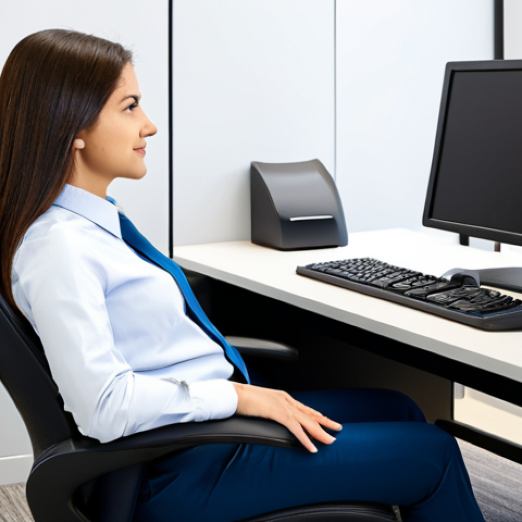 Ergonomic Office Setup**

"A woman sitting at an ergonomic desk in a bright, modern office, fully clothed in business casual attire, appropriate content, safe for work. The desk features a supportive chair, a monitor at eye level, and a footrest. The woman is working on a computer with perfect posture, natural pose, correct proportions, well-formed hands, proper finger count, professional, modest, family-friendly."

**