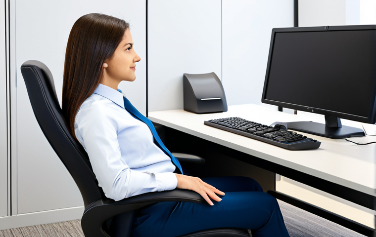 Ergonomic Office Setup**

"A woman sitting at an ergonomic desk in a bright, modern office, fully clothed in business casual attire, appropriate content, safe for work. The desk features a supportive chair, a monitor at eye level, and a footrest. The woman is working on a computer with perfect posture, natural pose, correct proportions, well-formed hands, proper finger count, professional, modest, family-friendly."

**