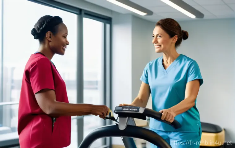 뇌졸중 재활 과정 - **Prompt 1: "A determined adult woman, dressed in comfortable yet modest athletic wear consisting of...