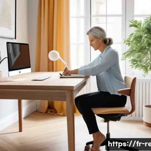 근골격계 질환 관리법 - A modern French home office scene featuring an ergonomic workspace setup: a sleek adjustable-height ...