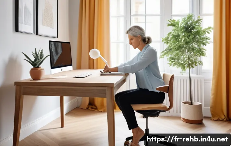 근골격계 질환 관리법 - A modern French home office scene featuring an ergonomic workspace setup: a sleek adjustable-height ...