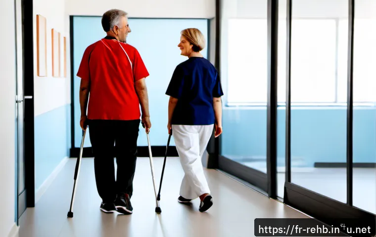 뇌 손상 재활 성공 사례 - Photorealistic French rehabilitation clinic, middle-aged stroke survivor walking steadily with a lig...