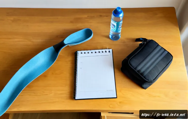Home 17 재활치료 전 준비물 - Photorealistic overhead view of rehabilitation therapy preparation supplies neatly arranged on a cle...